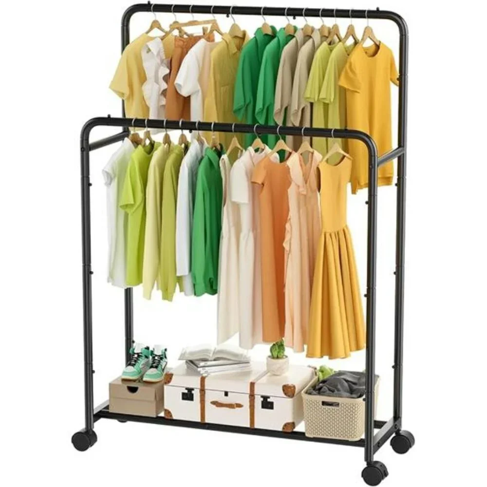 Rolling Clothes Rack Double Rod Garment Rack with Wheels Metal Black - Picture 7 of 7